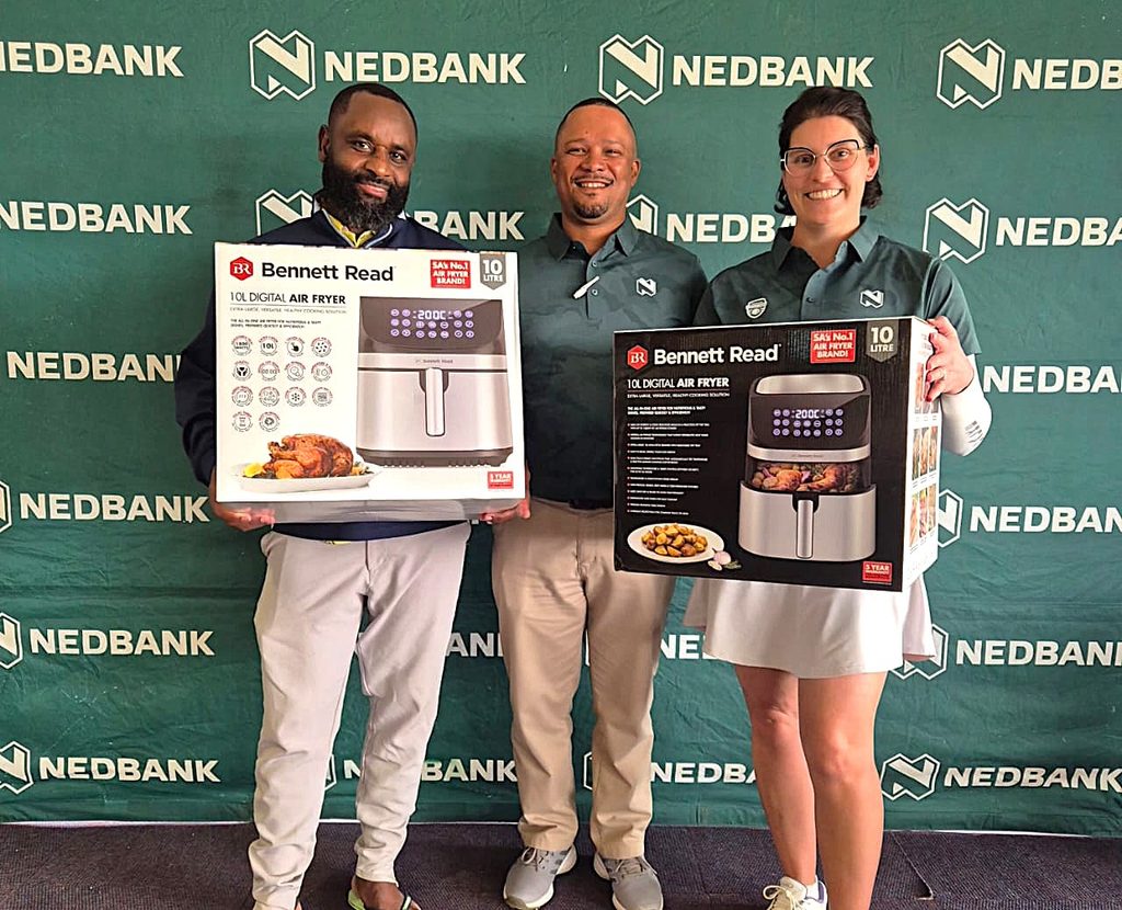 FLTR - Fabie Shilongo, Nedbank Namibia Senior Forex Dealer, Brandon Stoffels, and Suene Venter, at the Nedbank for Good Series round 10 at Rossmund Golf Course.