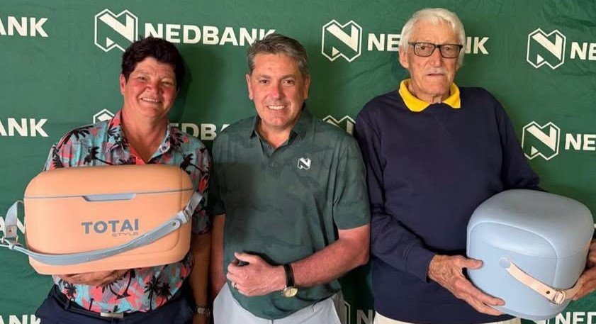 FLTR - Wilna Bredenhann, Adri Spangenberg, Nedbank Namibia Relationship Manager: Coastal and Tollie Cronje at the Nedbank for Good Series round 12 at Henties Bay course.