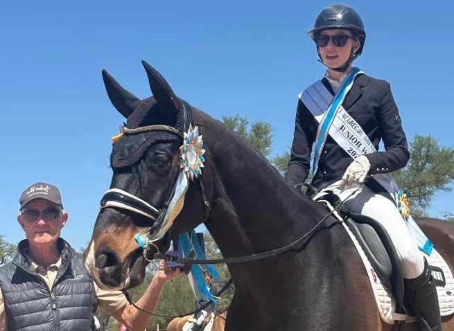 Leia-Mae van der Merwe and hre horse F.H.M., the most successful dressage rider of the show received the award from Detlef Fischer (RCO) at the annual Reitclub Okahandja Dressage & Jumping Show. Contributed.